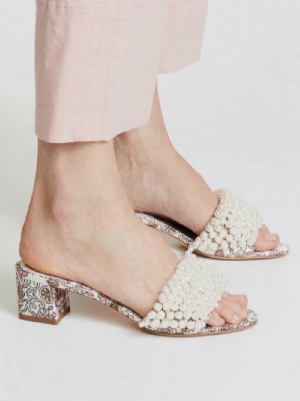 Tory Burch Tatiana Slide Sandals‎ Pearl Accent Hicks Garden Floral Print Size 9M